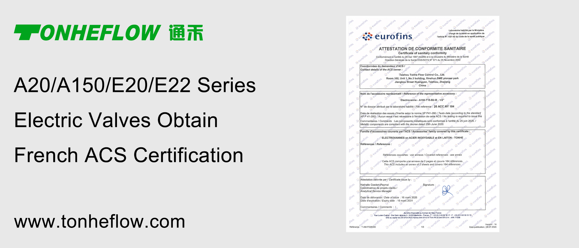 TONHEFLOW | A20/A150/E20/E22 Series Electric Valves Obtain French ACS Certification, Providing Reliable Assurance for Global Drinking Water Safety